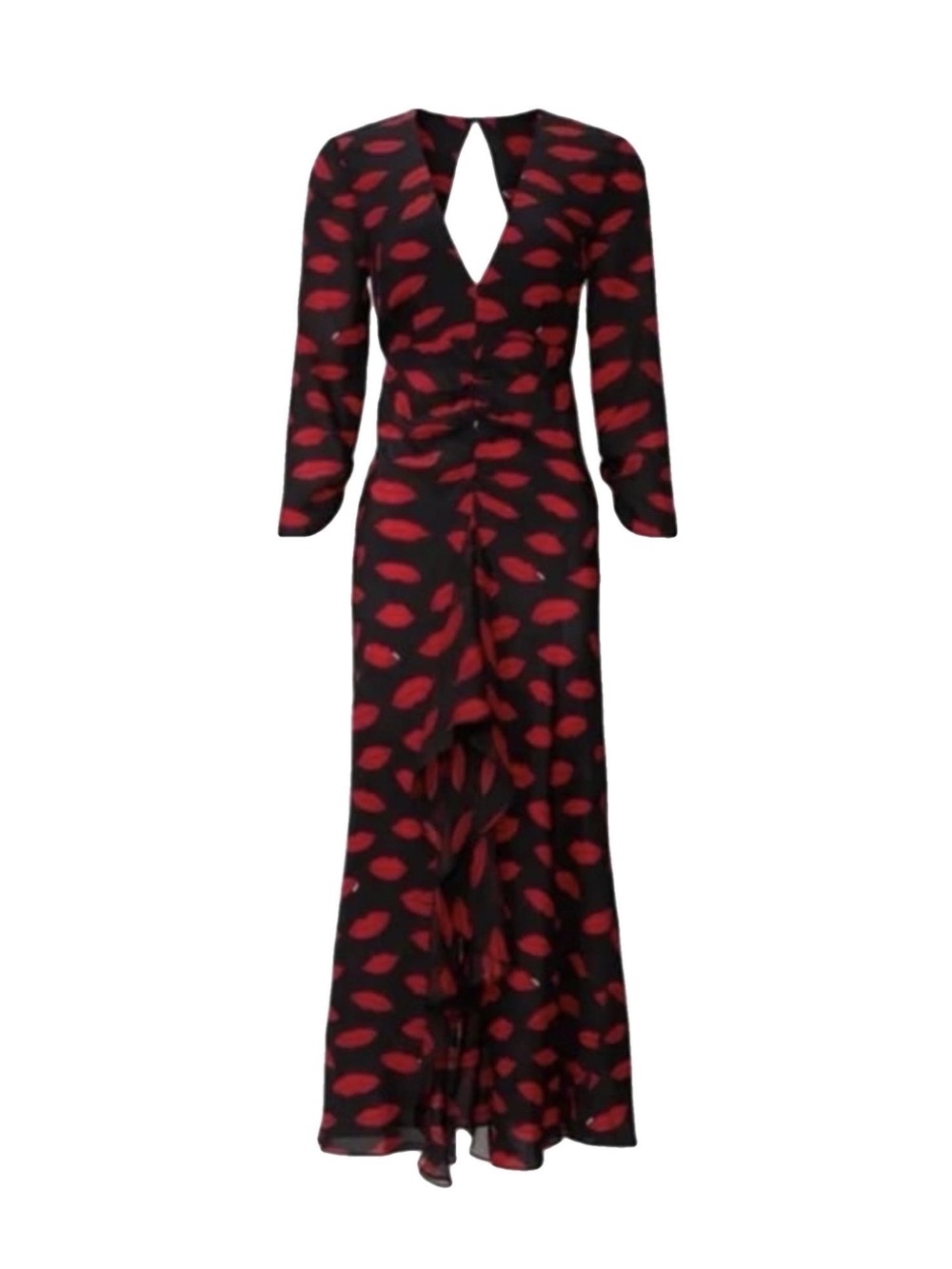 RIXO Black Maxi Dress with Red Lip Print